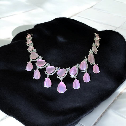 Raya Layered Pink AD Set – Elegant layered pink AD jewelry set for women.